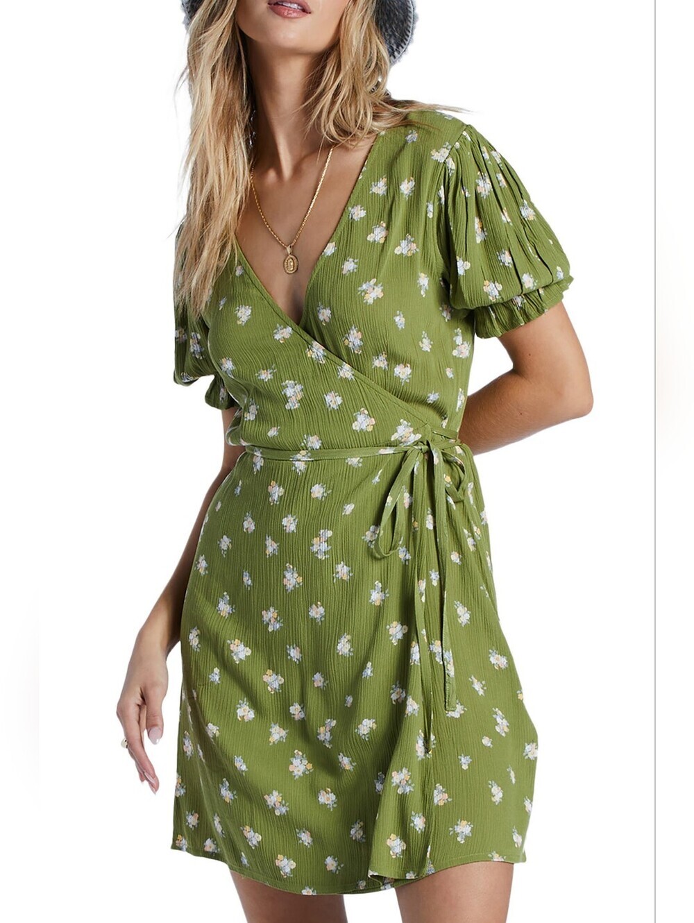 Billabong Green Chiquita Floral Printed Wrap Dress Beach Boho Girly - Size XL